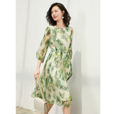 Womens Silk Chiffon Midi Dress Watercolor Leaf Print Sheer Sleeve Green Silk Dress